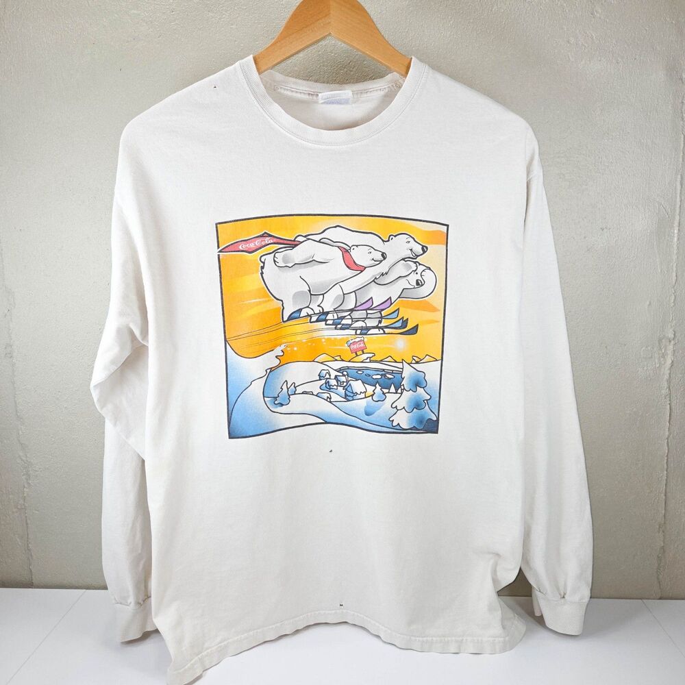 VTG 90s Coca Cola Skiing Polar Bears Hanes Heavyweight Long Sleeve Shirt Sz L